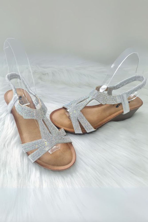 Diamante Pattern Wedge Elastic Strap Heels Sandal