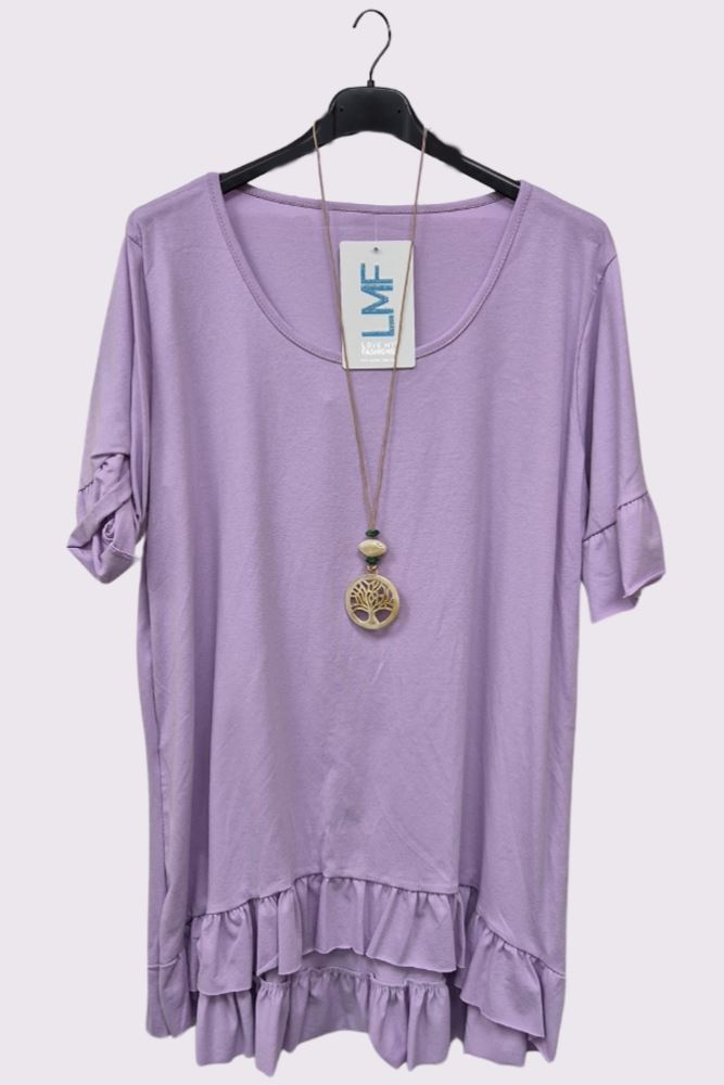 Plain Ruffle Hem Necklace Cotton Top