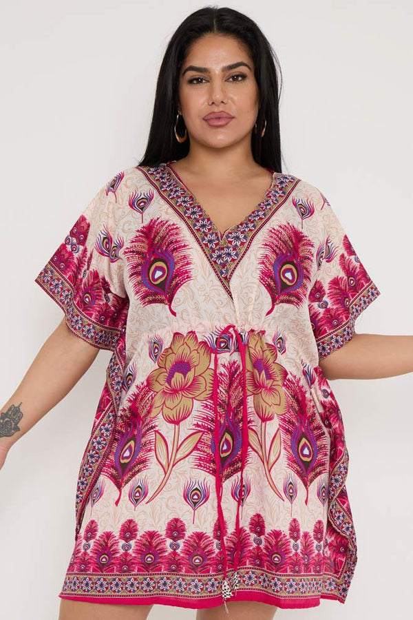 Peacock Feather Print Drawstring Waist Kaftan