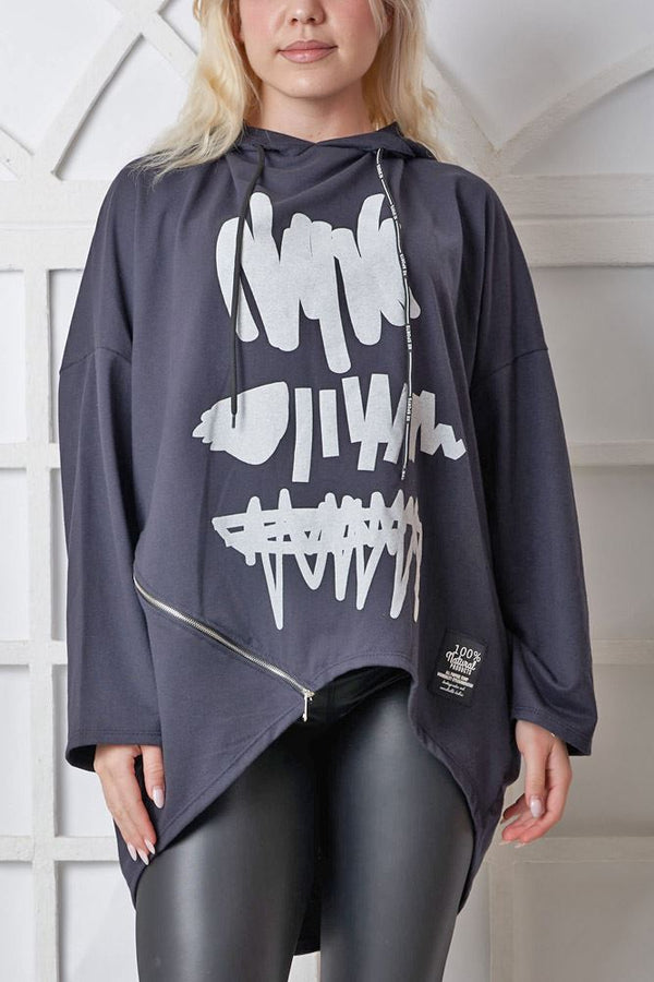 Brush Stroke Print Side Zip Drawstring Cotton Hoody