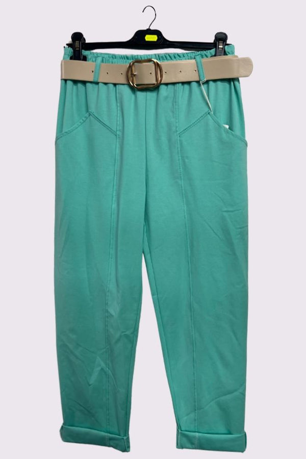 Plain Front Pockets Belted Pants