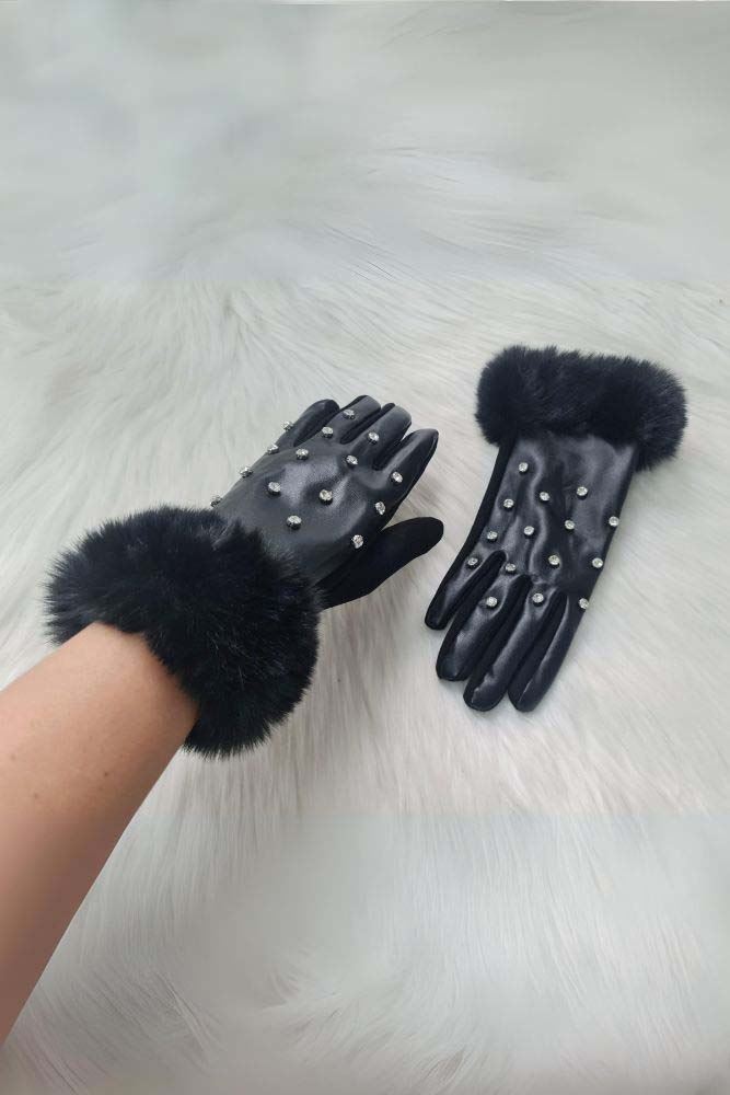 Pearl Studded Faux Fur Cuff Gloves