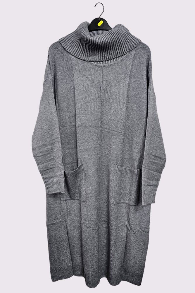 Soft Knit Pocket Ribbed Cuffed Hem Oversized Dress