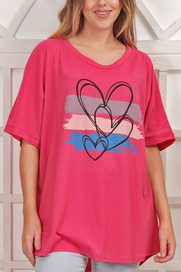 Brush Stroke Heart Print Cotton Top