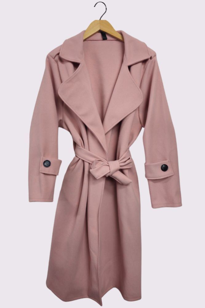 Plain Shoulder And Sleeve Button Detail Belted Coat