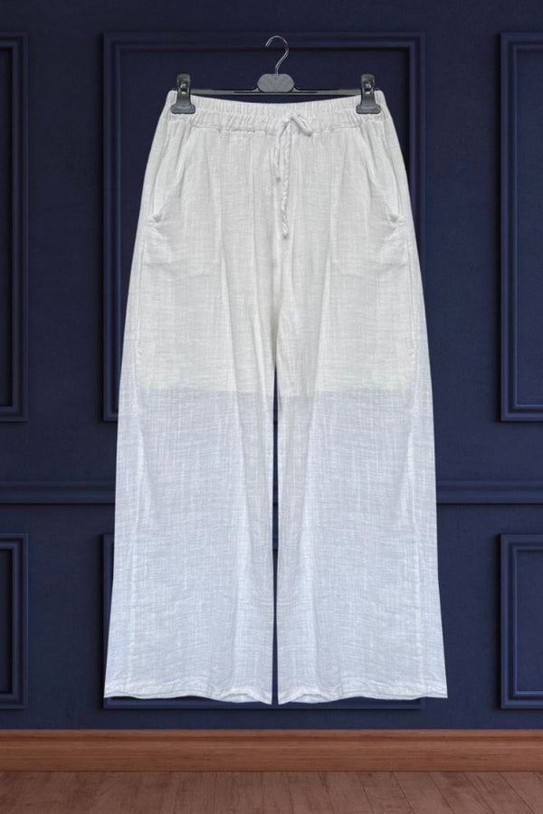 Plain Wide Leg Drawstring Pockets Linen Palazzo