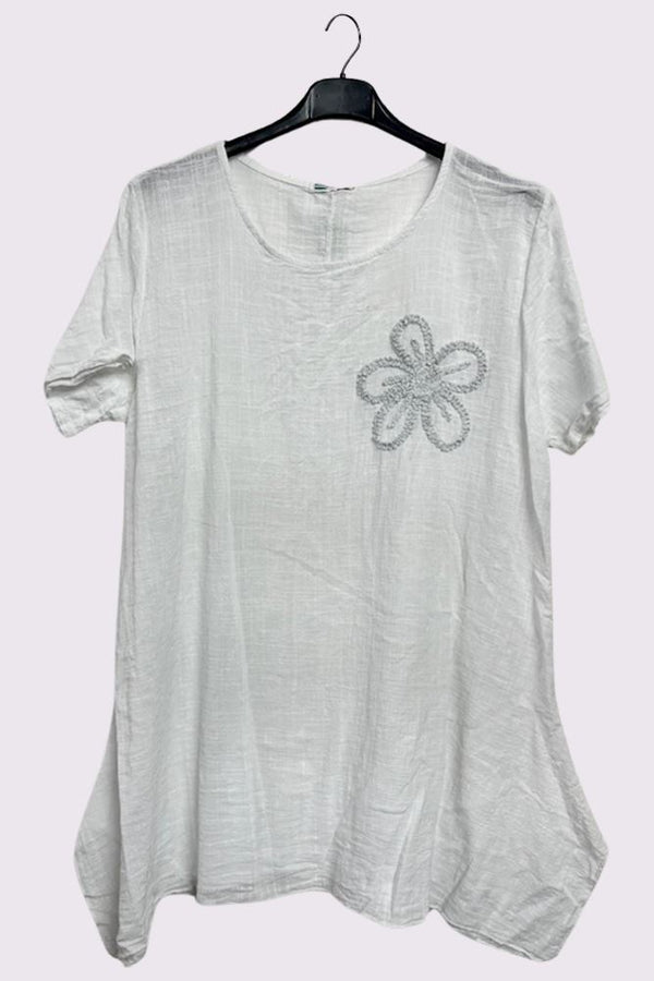 Embroidered Floral Side Slits Oversized Cotton Top