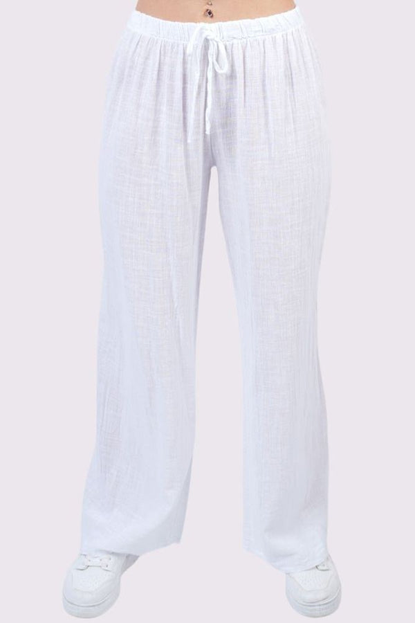 Plain Drawstring Wide Legs Cotton Trousers