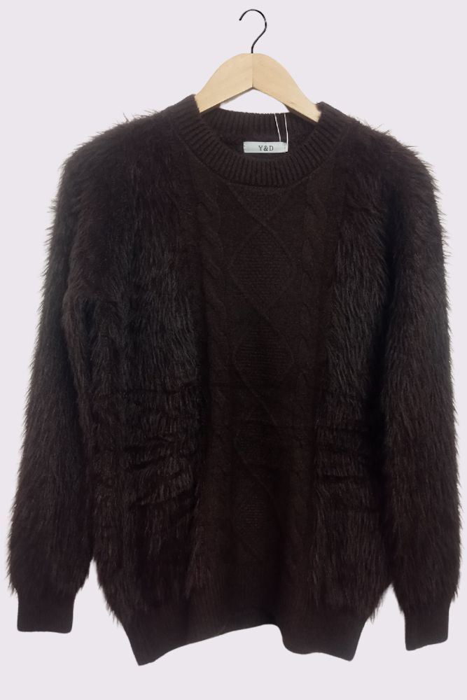 Cable Knit Pattern Faux Fur Sleeve Jumper