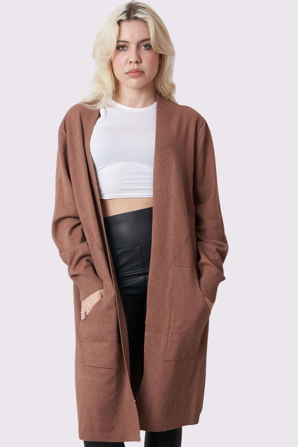 Plain Pocket Ribbed Hem Open Front Cardigan