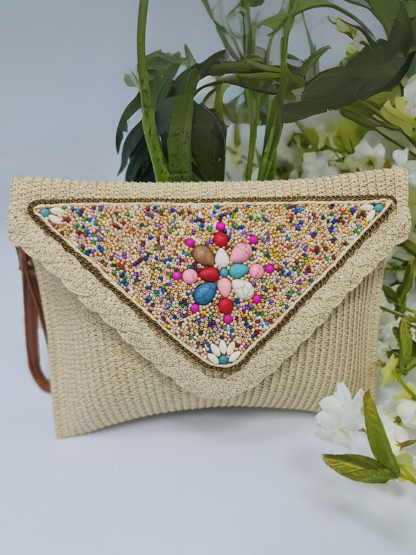 Beaded Stone Straw Shoulder Bag