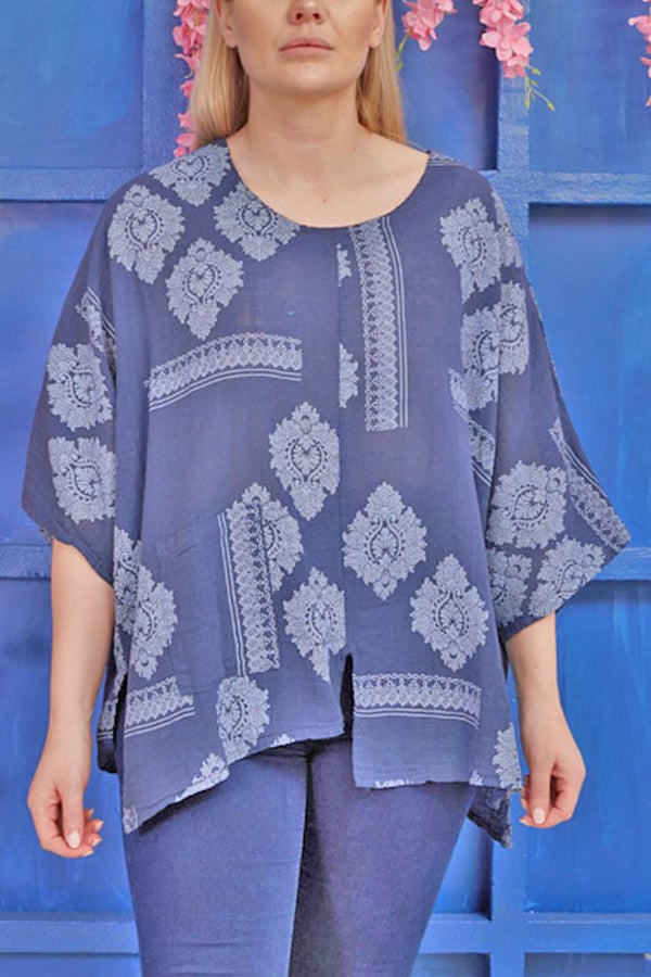 Baroque Print Slit Hem Cotton Top