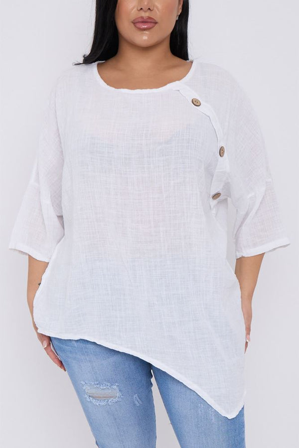 Plain Shoulder Button Raw Edge Cotton Top