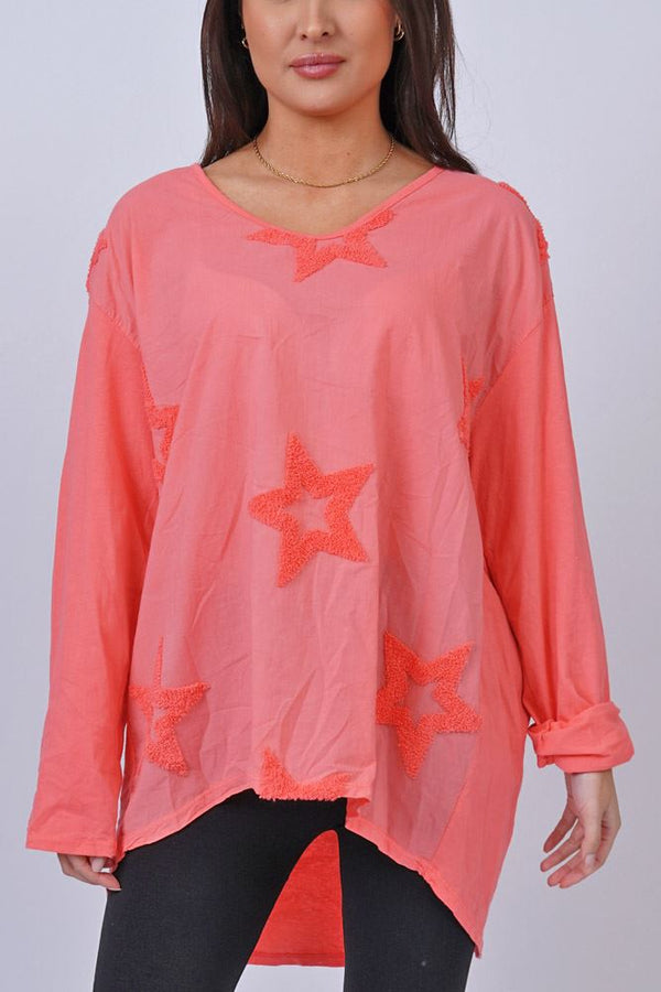 Star Applique Dipped Hem Top