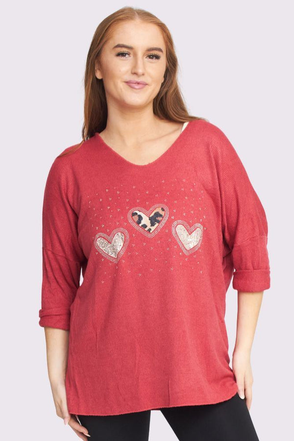 3 Heart Diamante Detail Soft Knit Ribbed Style Top