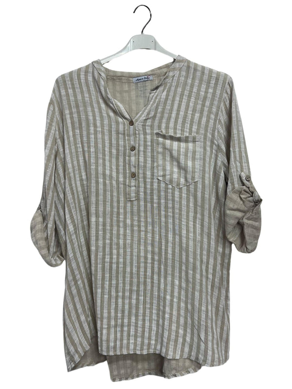 Vertical Stripes Print Single Chest Pocket Tunic Cotton Top