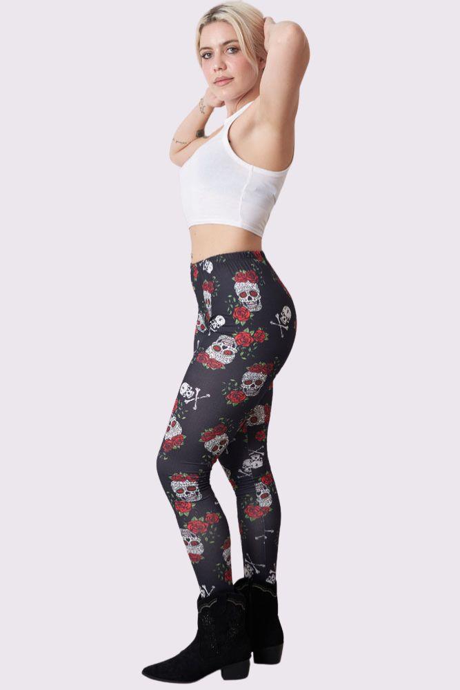 Rose Skull And Bones Print Halloween Leggings