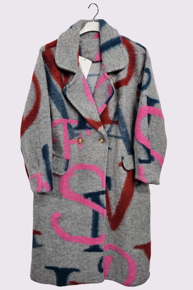 Alphabet Pattern Oversized Pockets Long Coat