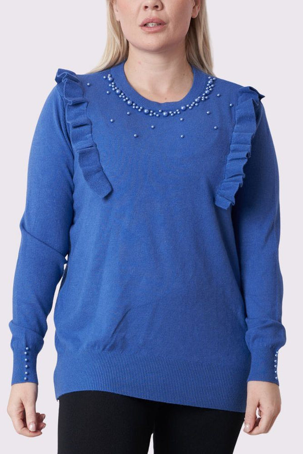 Pearls Side Chest Frill Ribbed Hem Soft Jumper