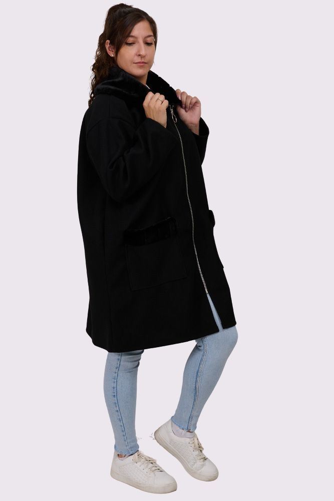 Plain Faux Fur Collar Pocket Trim Ring Zip Closure Coat