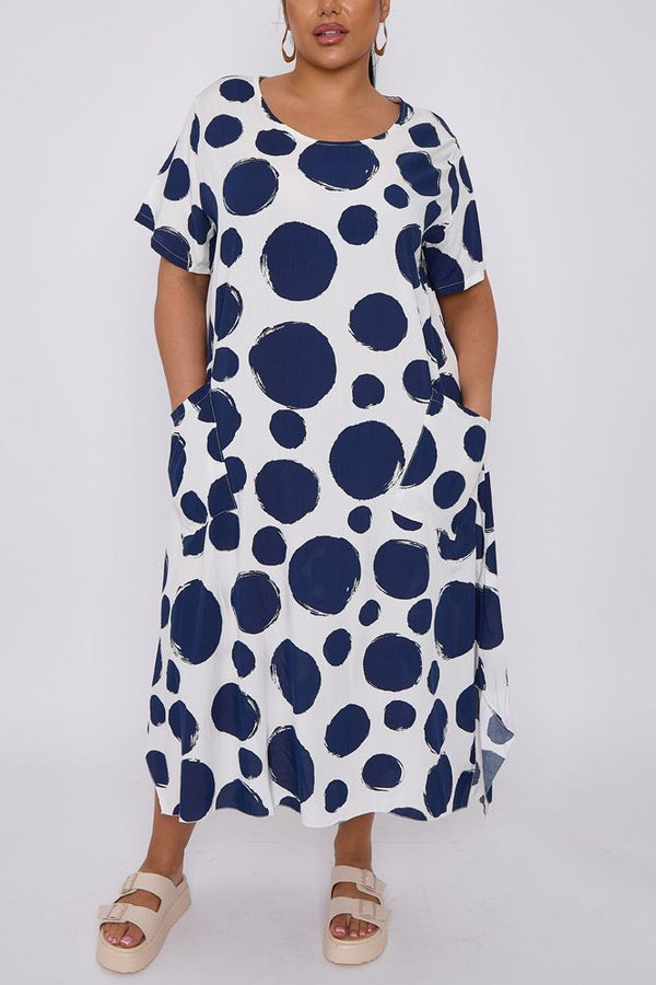 Polka Dot Print Pokects Round Hem Dress