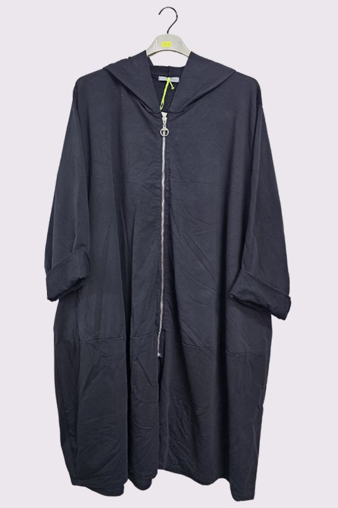 Plain Tiered Longline Zip Up Cotton Hoody