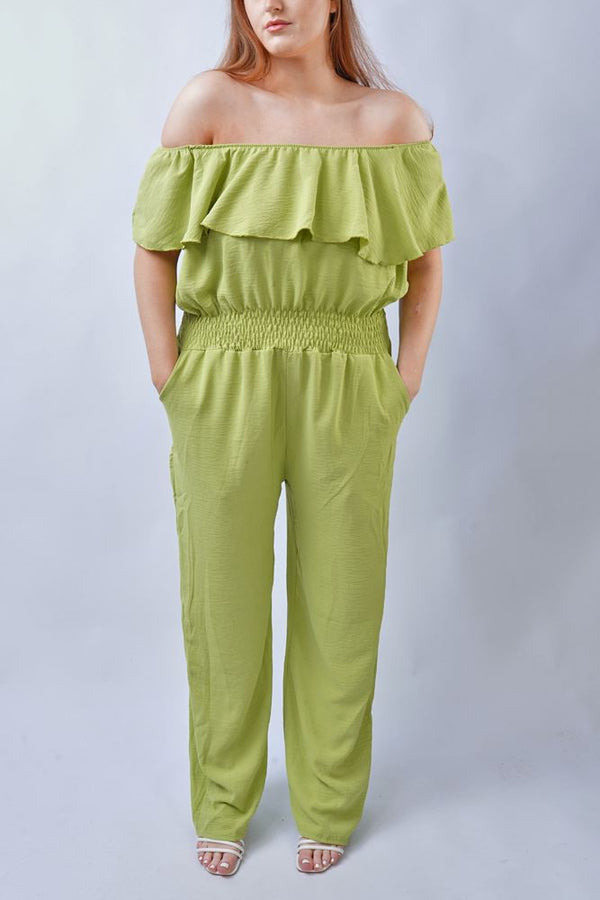 Plain Ruffle Trim Shirred Waist Jumpsuit