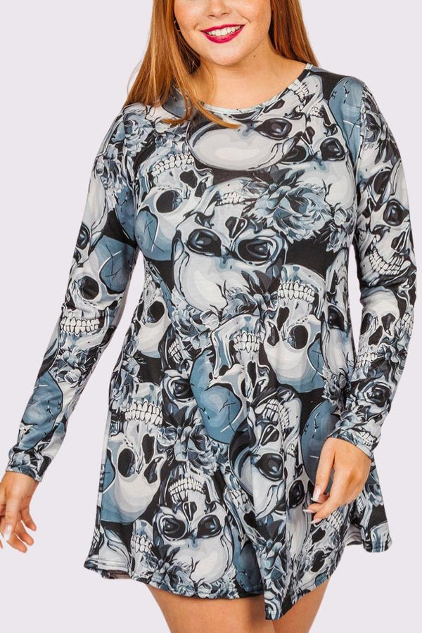 Skull Grey Print Halloween Dress