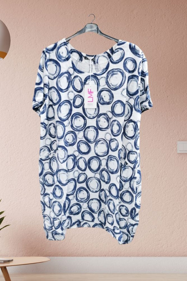 Circle Print Pockets Linen Dress