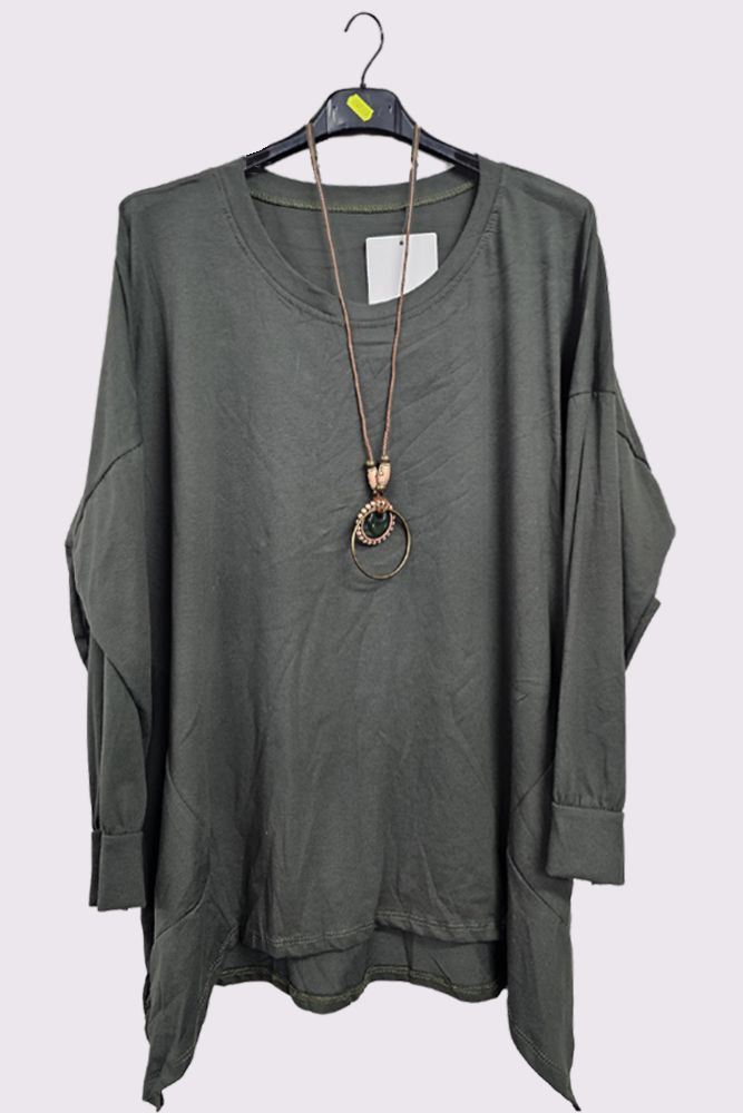 Asymmetric Hem Side Panel Necklace Cotton Top