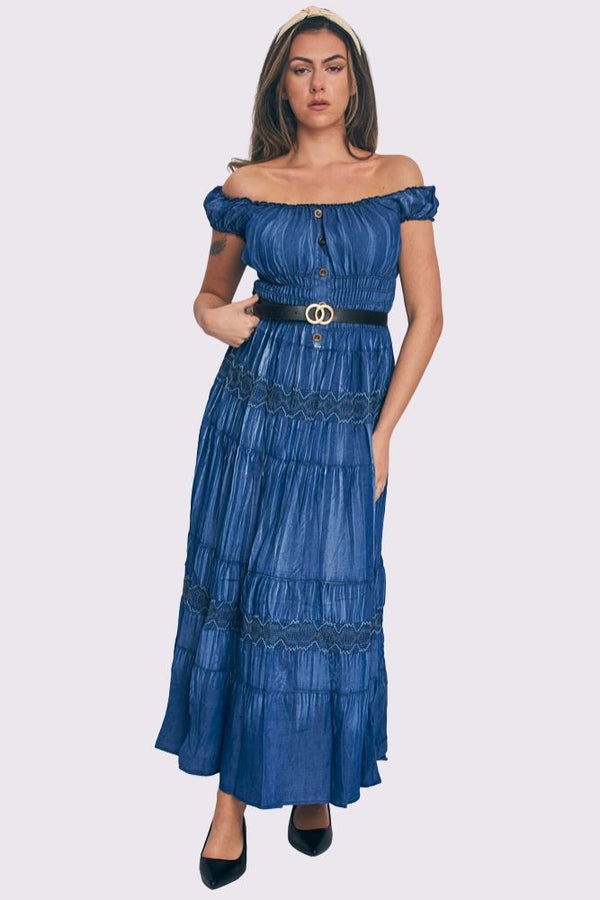 Embroidered Pattern Shirred Waist Tiered Denim Cotton Dress