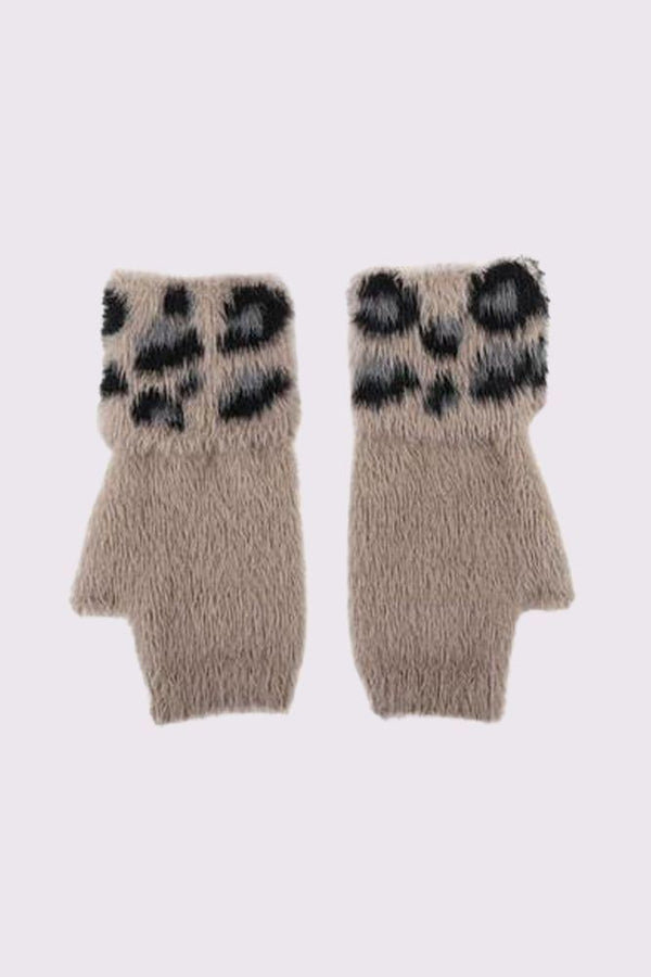 Fur Leopard Print Fingerless Gloves