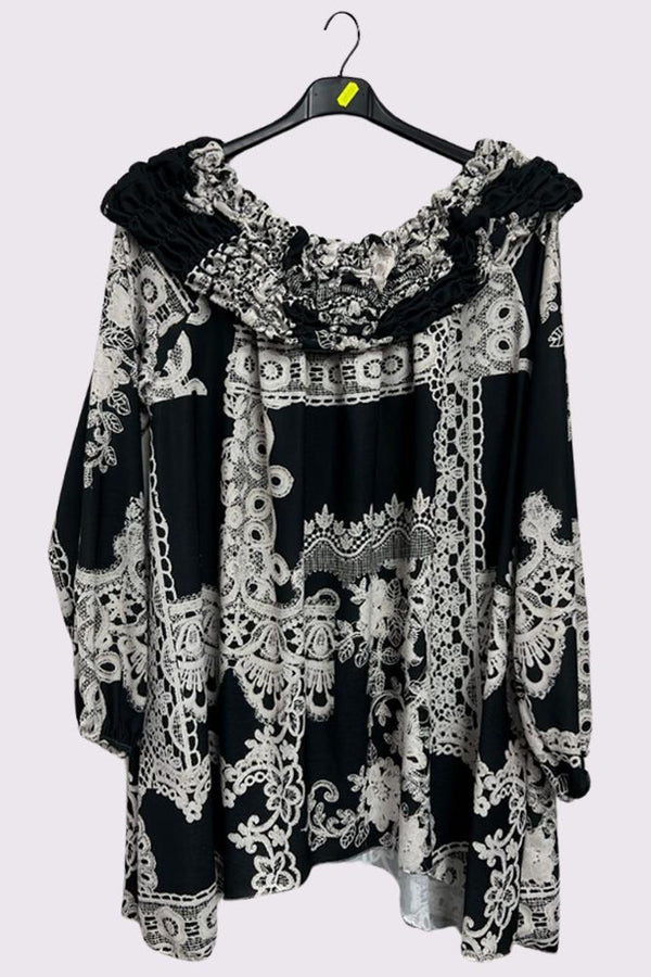 Baroque Flower Print Off the Shoulder Top