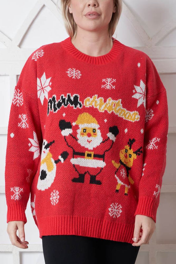 Snowmen Santa Pattern Xmas Ribbed Jumper