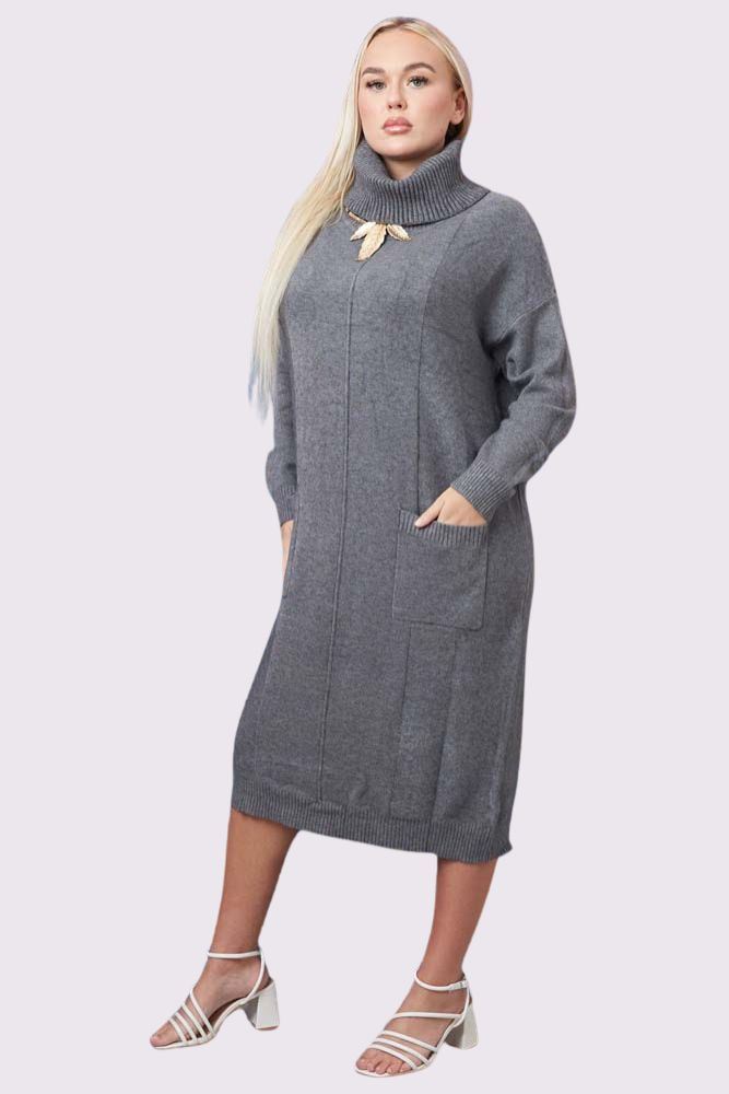 Soft Knit Pocket Ribbed Cuffed Hem Oversized Dress