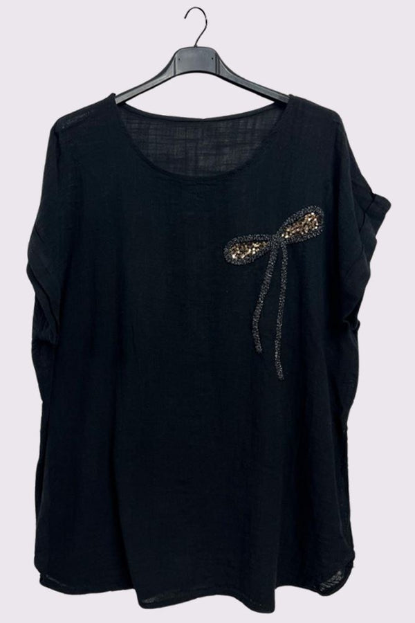 Textured Embroidered Sequin Curved Hem Cotton Top