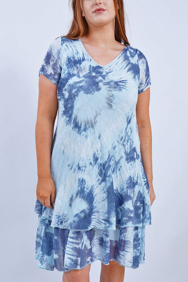 Circle Tie Dye  Print Layered Hem Cotton Dress