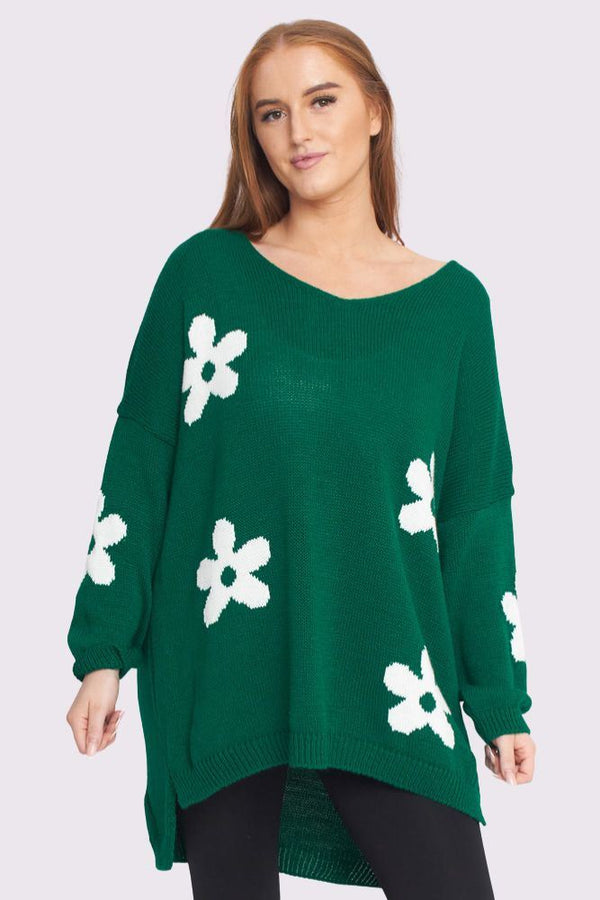 Daisy Flower Pattern High Low Hem Jumper