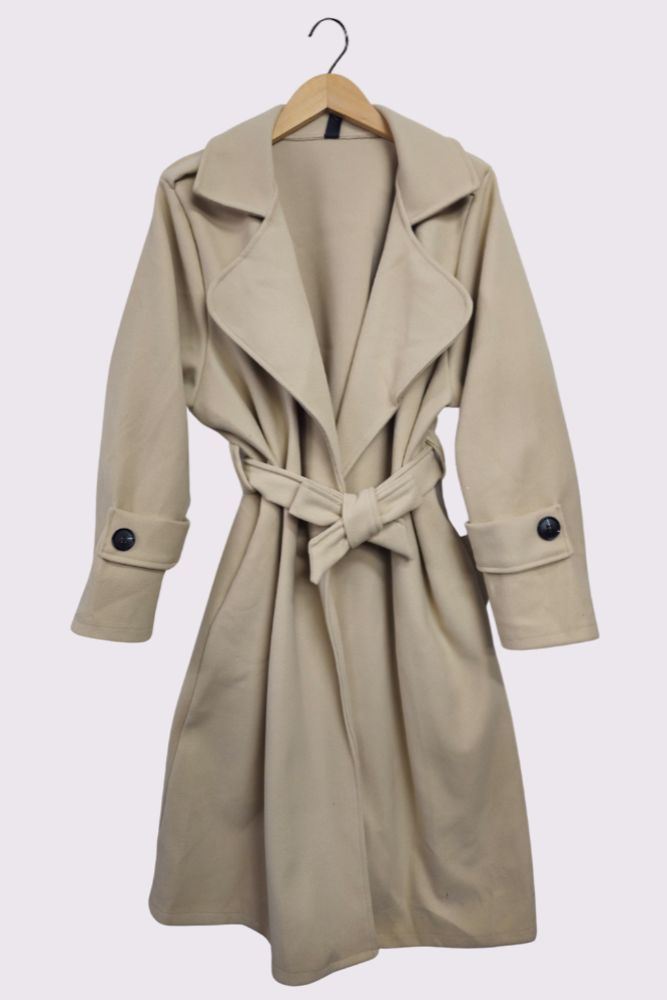 Plain Shoulder And Sleeve Button Detail Belted Coat