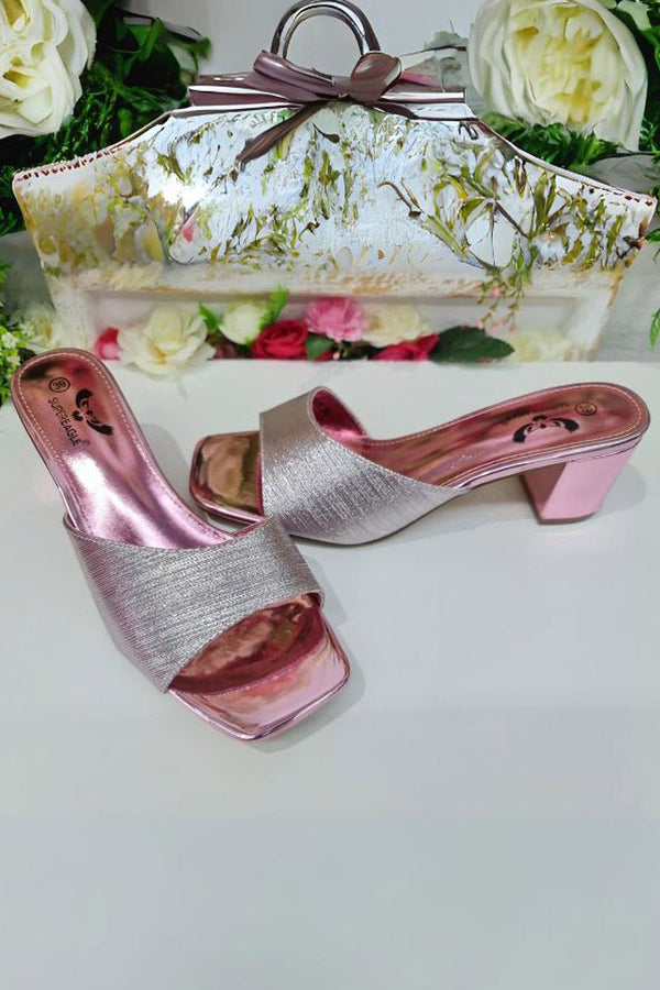 Metallic Foil Strap Block Heel Slider