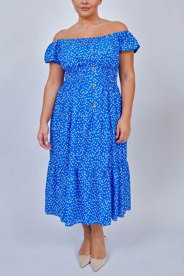 Polka Dot Print Tiered Button Detail Dress