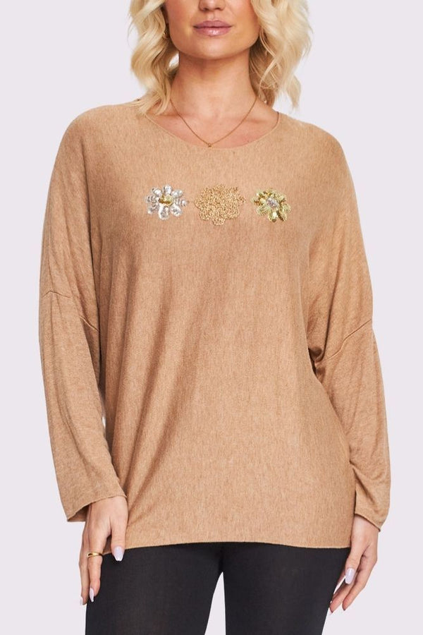 3 Flower Sequin Embroidered Detailing Slight Diphem Top