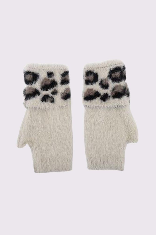 Fur Leopard Print Fingerless Gloves