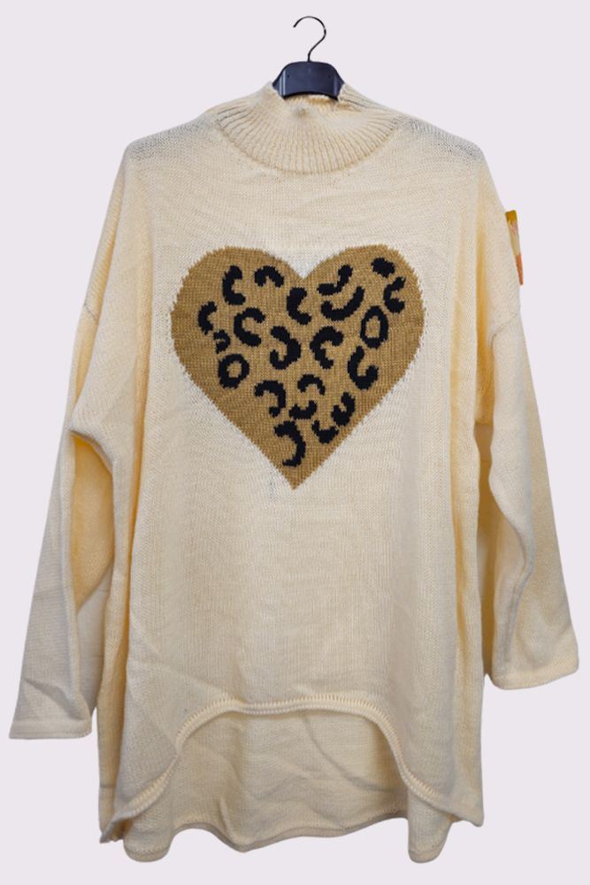 Leopard Heart Knit Style High Low Hem Jumper