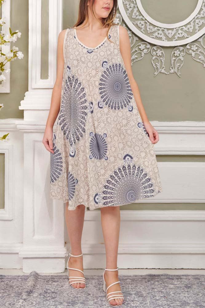 Floral Mandala Print Flared Viscose Dress