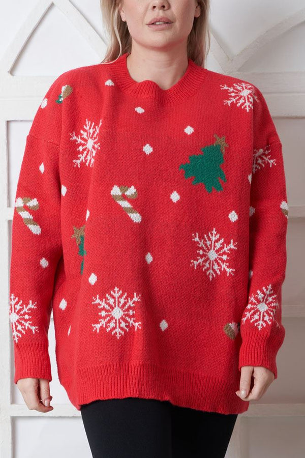 Snowflake Tree Pattern Xmas Ribbed Jumper