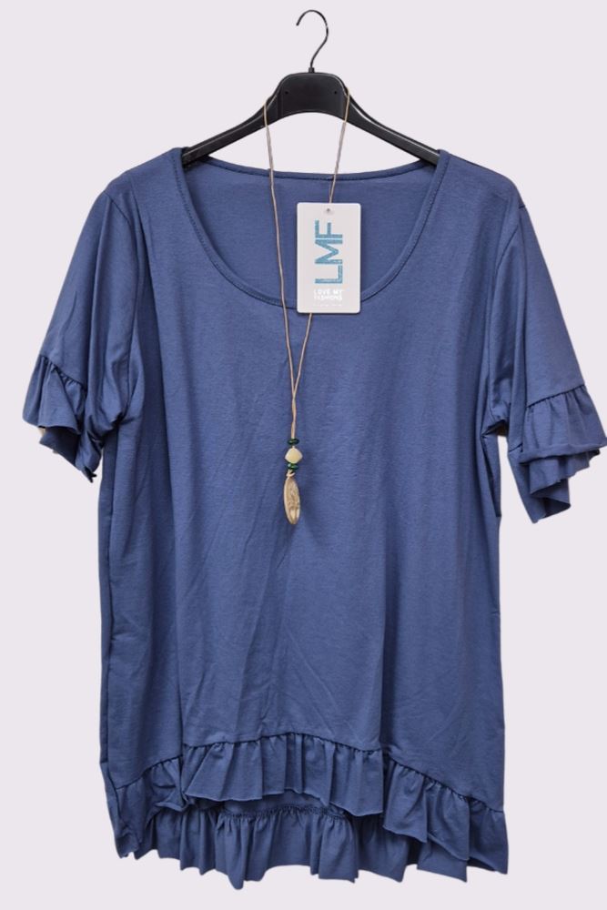 Plain Ruffle Hem Necklace Cotton Top