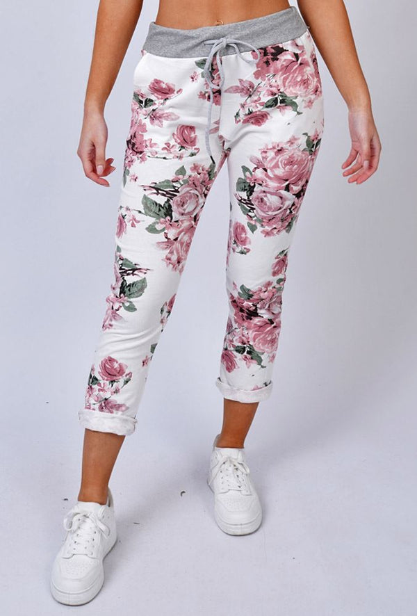 Rose Flower Print Drawstring Cotton Trousers