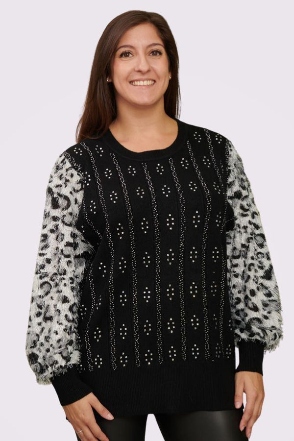 Diamante Pattern Leopard Faux Fur Sleeve Soft Knit Jumper