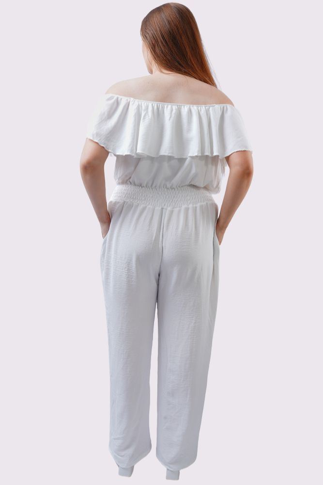 Plain Ruffle Trim Shirred Waist Jumpsuit